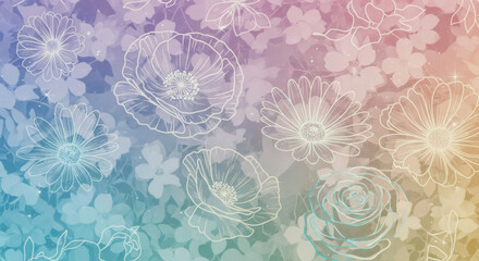 Dreamy floral landscape with delicate white flower outlines and pastel gradient background creates a magical and romantic atmosphere perfect for invitations