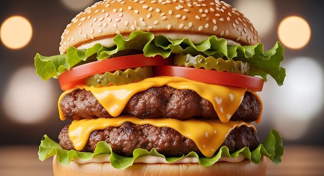 Delicious double cheeseburger with fresh toppings ready to eat anytime, perfect for food blogs, restaurant ads, and menu designs to entice customers today