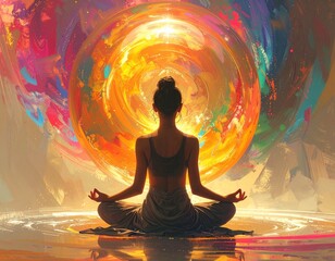 Woman meditating if front of a colorful sphere 