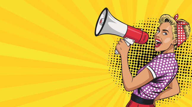 A beautiful pop art woman with a loudspeaker. Comic book style pop art.