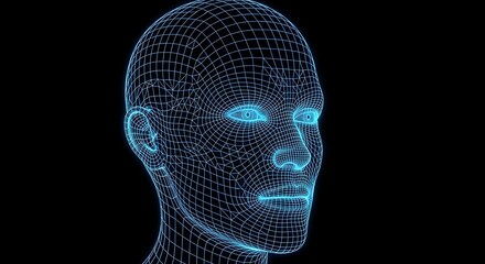 Futuristic blue digital human head wireframe on black background