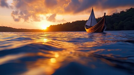 A wooden sailboat with a white sail glides on tranquil ocean water during a vibrant sunset. The sky is filled with golden and orange clouds, reflecting on the w