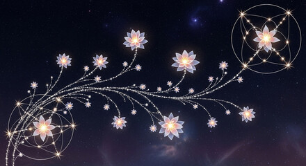 A magical glowing vine of crystal lotus flowers with sacred geometry symbols against a cosmic background.
