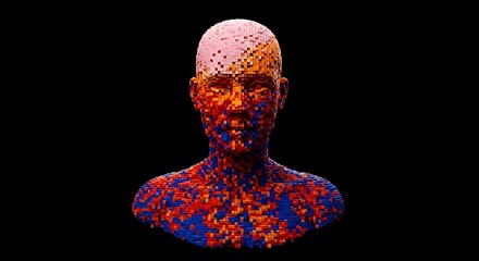Abstract humanoid bust with fragmented and colorful texture against black background
