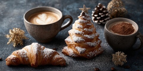 Christmas breakfast with festive pastry and hot drinks