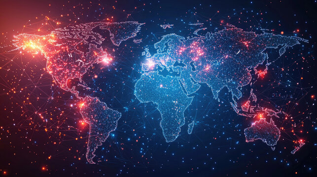 Digital World Map Global Network Connection with Glowing Points and Lines on Dark Blue Background - Powered by Adobe