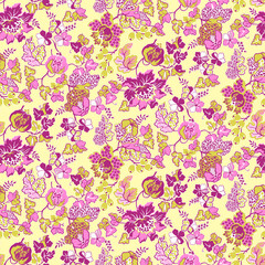 Elegant floral pattern perfect for spring fashion fabrics and vibrant wallpaper, featuring pink, fuchsia and yellow blooms on a sunny background