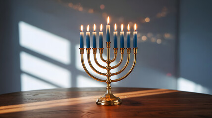Illuminated menorah with blue candles on a wooden table casting light and shadows in a bright room