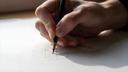 Persons hand sketching geometric design with pencil on white paper