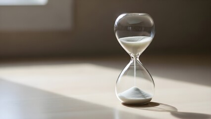Hourglass on a reflective surface with soft lighting and shadow details