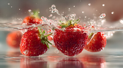 Dynamic still life of ripe strawberries plunging into water with splash effect