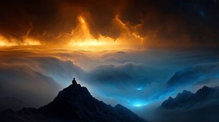 A lone figure sits in silhouette on a dark mountain peak, gazing out at a dramatic sky filled with fiery orange clouds above and ethereal blue mist below. The s