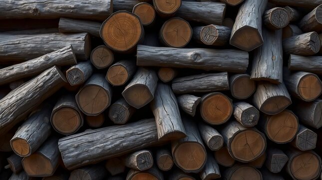 stacked round wooden logs with natural bark patterns forming an organic forest timber background