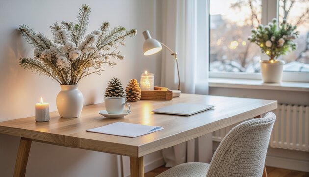 Cozy winter home office with warm candlelight and festive decor, creating a peaceful and productive atmosphere for daily tasks