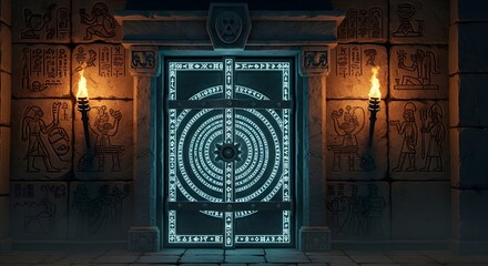 An ancient door with a glowing light emanating from its center, suggesting mystery and intrigue.