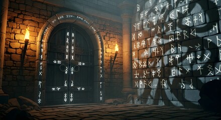 A dimly lit room featuring a door and a wall adorned with mysterious runes.