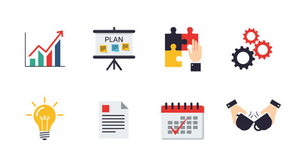 Business growth and strategy icons set for effective planning and innovation