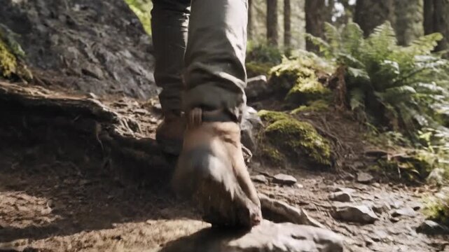 Person Hiking Up Rocky Terrain in Durable Hiking Boots
