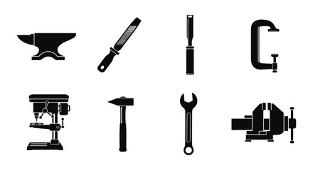 Blacksmith and workshop tools icons: anvil, hammer, wrench, and more