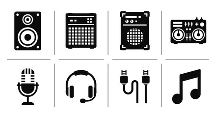 Set of music and audio equipment icons in black silhouette style