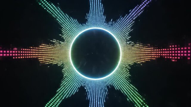 Dynamic visuals of an audio spectrum analyzer radiating from a central circle glowing with light