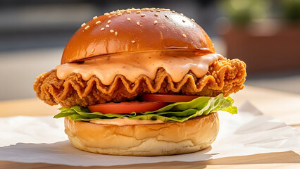 A close-up shot of a delicious fried chicken sandwich with a wavy crispy patty, fresh lettuce, sliced tomato, and creamy sauce on a sesame seed bun.