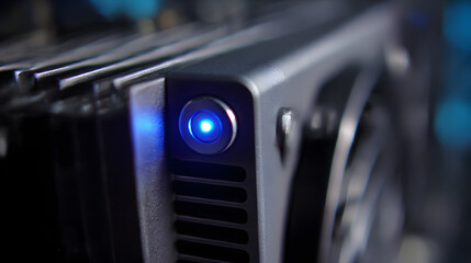 Technological Marvel: A close-up perspective of a cutting-edge graphics card. The image highlights intricate components and a glowing light