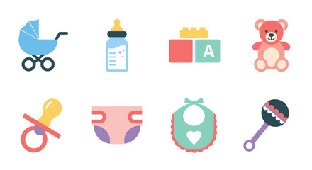 Colorful baby essentials collection with toys and accessories in flat design