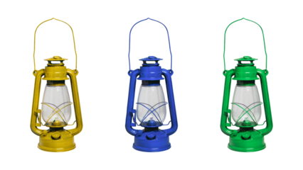 Colorful Oil Lanterns Set Yellow, Blue, and Green Vintage Lighting for Various Concepts