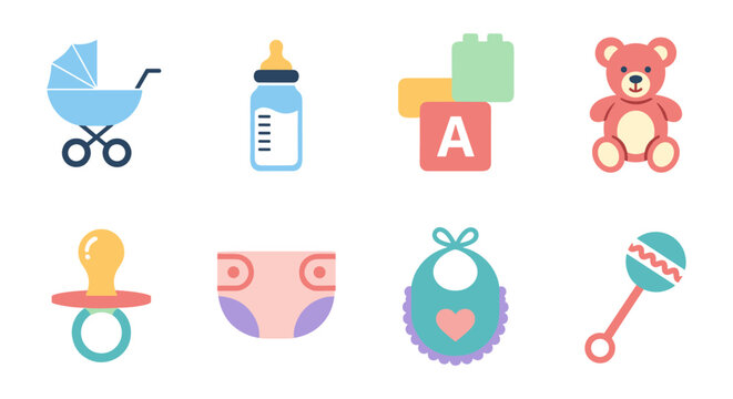 Colorful baby essentials icons set in flat design style for nursery decor