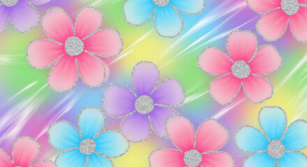 Sparkling floral fantasy seamless pattern, perfect for adding a playful touch to designs, crafts, and textiles with its vibrant colors and glittery accents