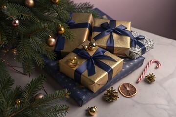 Elegant christmas gifts in gold and blue with festive décor.