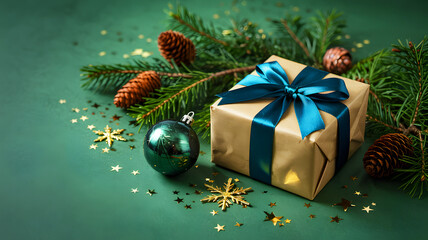 A christmas gift with blue ribbon and decorations on a green background with pine and pinecones