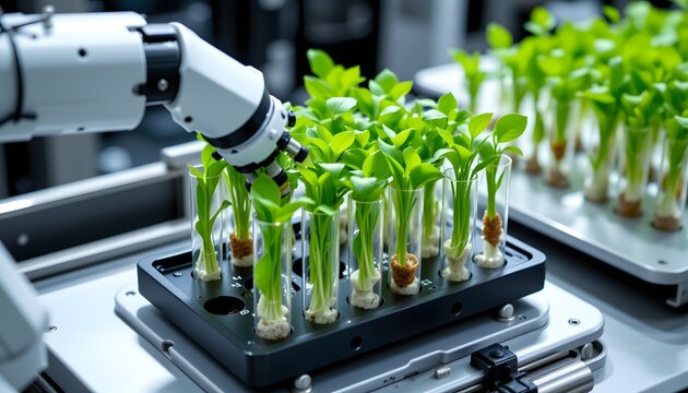 high tech robotic arm handling culture tubes containing green plant tissue.