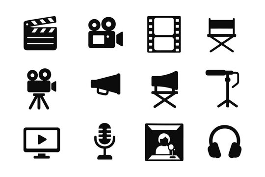 Film and media icon set featuring classic and modern equipment in bold silhouette style