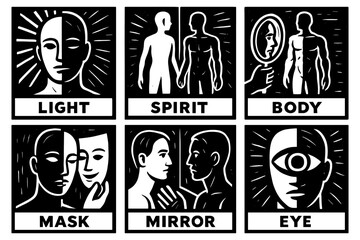 Abstract human figures with masks, mirrors, and eyes in black and white panels