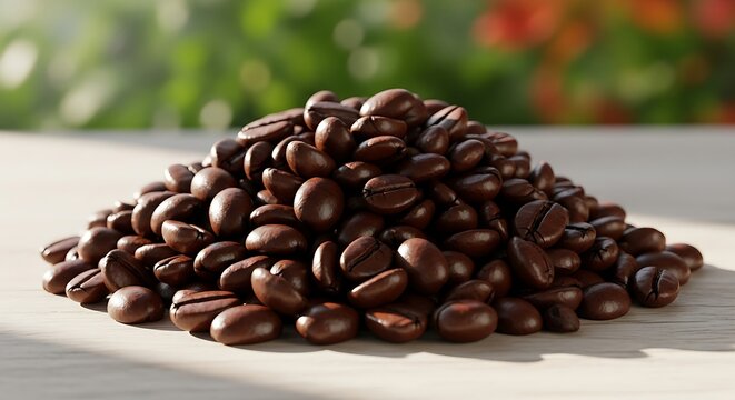 Rich, dark roasted coffee beans piled on a wooden table, highlighted by soft, dappled morning sunlight. - Powered by Adobe