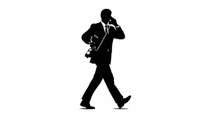 Silhouette of a businessman walking and talking on the phone.