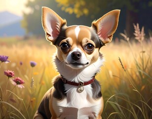 A charming small dog with brown, white, and black fur sits amidst tall golden grass and wildflowers