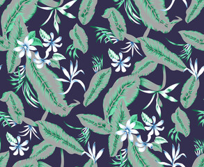 Lush tropical banana leaves and elegant white flowers creating a vibrant seamless pattern, ideal for summer textiles, fashion designs, or exotic wallpapers
