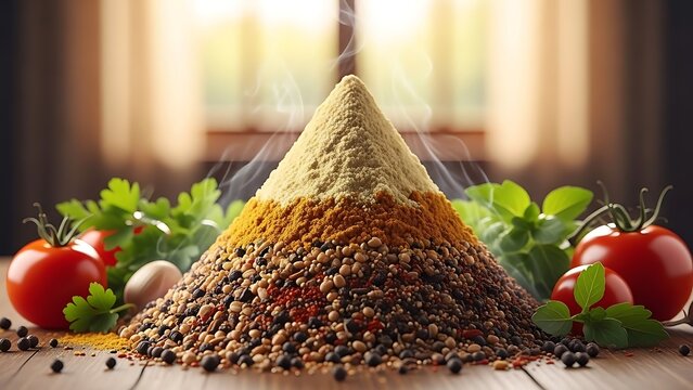 Pyramid of spices and herbs with tomatoes on a wooden table