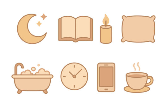 Minimalist night routine icons: relaxation and comfort essentials in soft pastel style