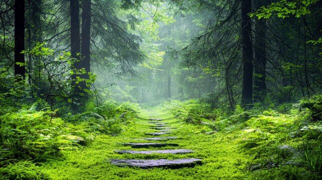 A stone pathway winds through a vibrant, moss-covered forest. Tall trees with dense foliage create a canopy overhead, and a soft mist hangs in the air, lending