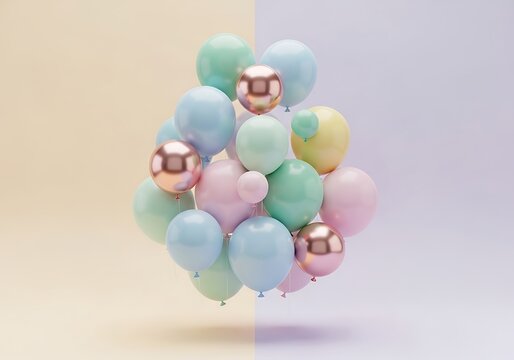 Pastel balloons and metallic orbs floating in a colorful gradient background