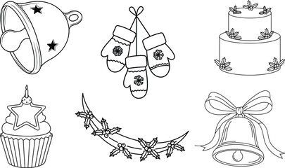 Hand drawn Christmas elements collection tree bell bow mistletoe hat mitten stockings gift