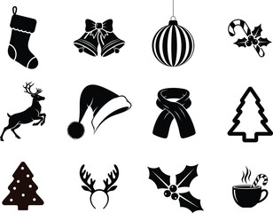Collection of twelve Christmas themed vector icons in black silhouette on white background