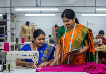 Two skilled Indian women collaborating in a vibrant textile workshop.