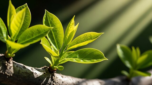New green spring leaves emerging on a branch with sunlight rays