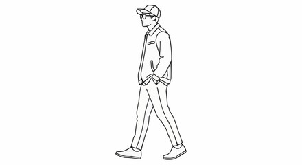 Stylish Young Man Walking Confidently in Casual Attire Line Art.