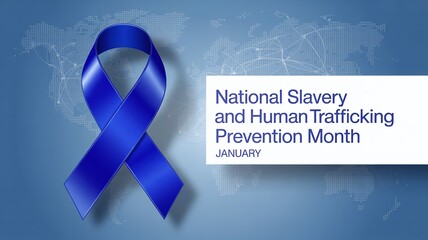 National Slavery and Human Trafficking Prevention Month Awareness Blue Ribbon over World Map for January Campaign, Education, and Advocacy Banners